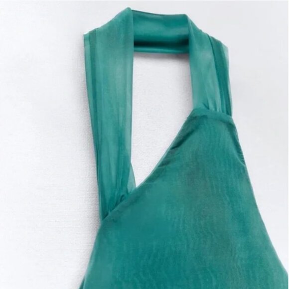 NEW ZARA Fitted Organza  Halter Midi Dress in Green, Size S - Picture 13 of 16